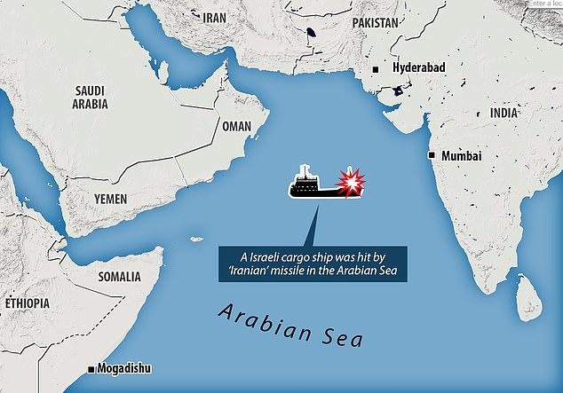Bản đồ mô tả vị trí của con tàu chở hàng của Israel bị tên lửa Iran bắn trên Biển Ả Rập