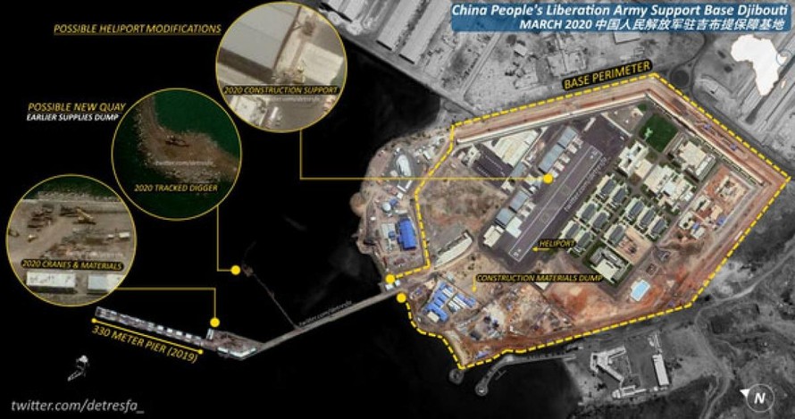 Căn cứ hải ngoại đầu tiên của Trung Quốc ở Djibouti nằm rất gần các căn cứ của Mỹ, châu Âu và Nhật Bản. Ảnh: TWITTER