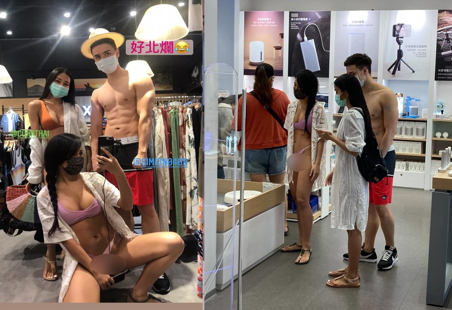 Hai hotgirl mặc bikini cùng người đàn ông bán nude vào trung tâm thương mại