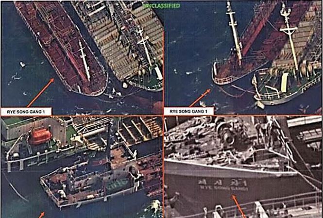 Những hình ảnh do vệ tinh Mỹ ghi lại được cho là cảnh tàu Trung Quốc giao dịch với tàu Triều Tiên. Ảnh: Bộ Tài chính Mỹ