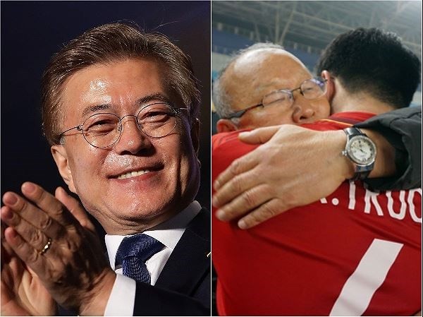 Tổng thống Hàn Quốc Moon Jae-in (trái) và huấn luyện viên Park Hang-seo (phải). Ảnh minh họa