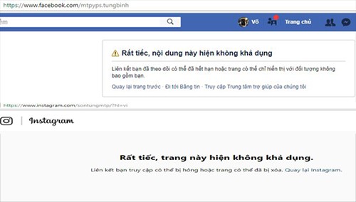 Cả hai tài khoản Facebook và Instagram của ca sĩ Sơn Tùng MTP đều bị vô hiệu hóa.