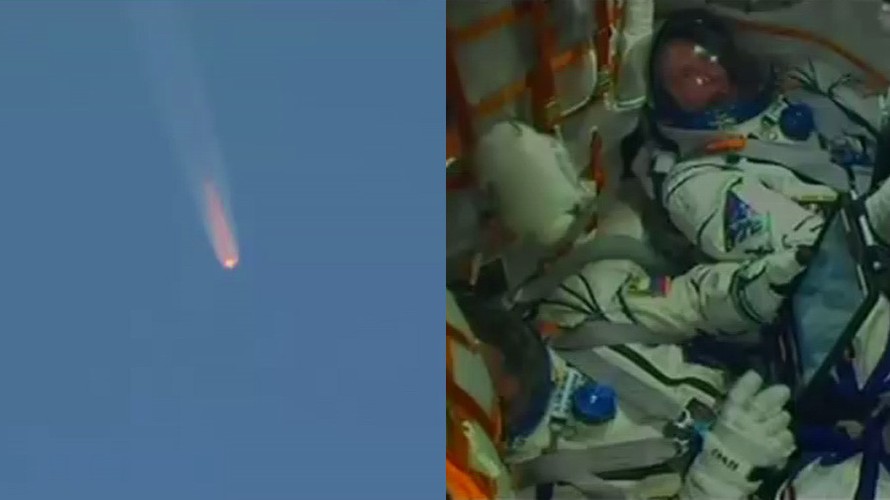 Tàu vũ trụ Soyuz (trái) và 2 phi hành gia Nga - Mỹ (phải). Ảnh chụp màn hình