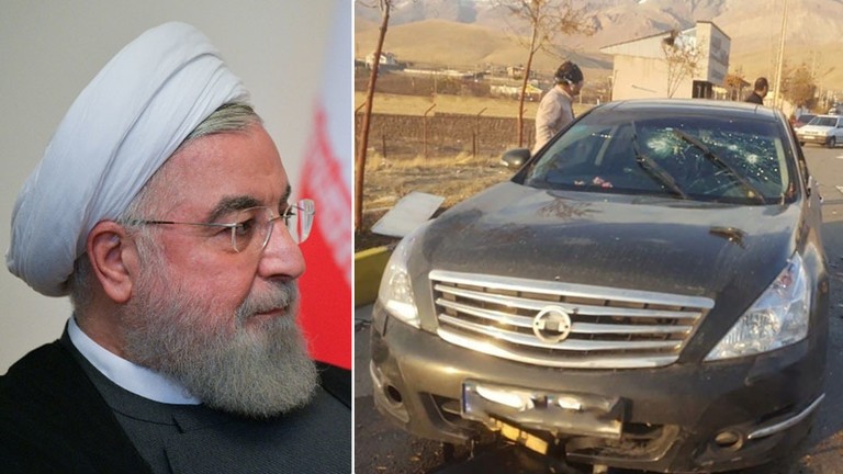 Ảnh trái: Tổng thống Iran Hassan Rouhani. Ảnh phải: Chiếc xe của ông Fakhrizadeh sau vụ tấn công. Ảnh: Reuters