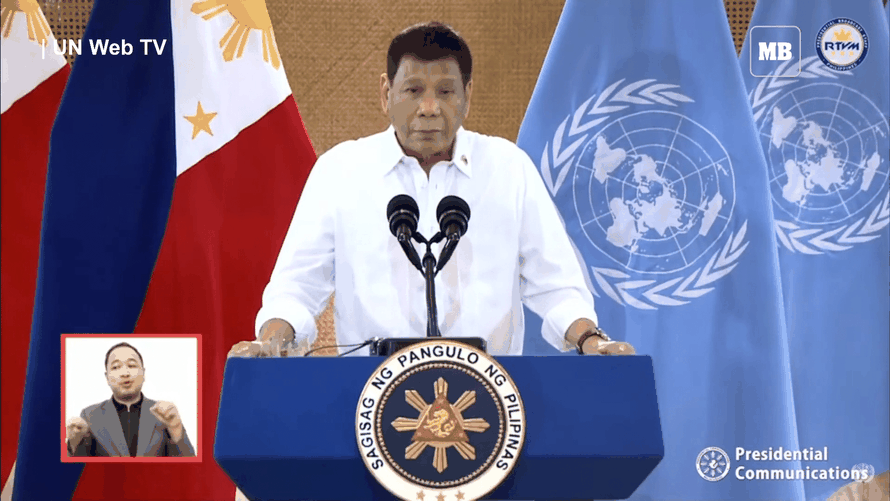 Ông Duterte phát biểu trực tuyến trong phiên họp ngày 21/9 của Đại hội đồng Liên Hợp Quốc. Ảnh: Manila Bulletin