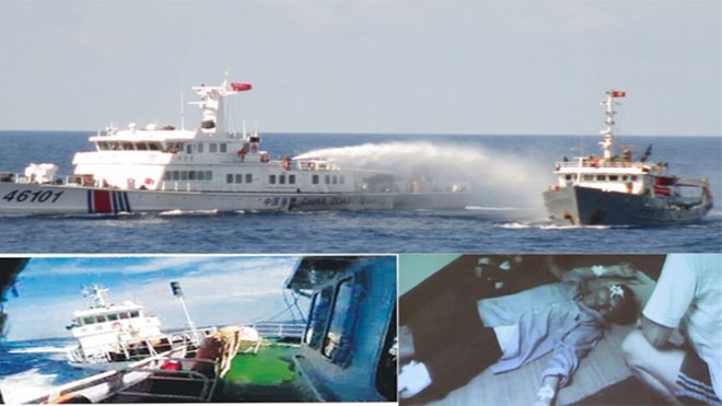 Tàu hải cảnh Trung Quốc dùng vòi rồng phun nước uy hiếp tàu Cảnh sát Biển Việt Nam (ảnh trên); Tàu hải cảnh Trung Quốc đâm vào vách tàu Việt Nam (ảnh trái); Kiểm ngư viên của Việt Nam bị thương do mảnh vỡ trên tàu văng ra (ảnh phải). Ảnh do Cảnh sát Biển 