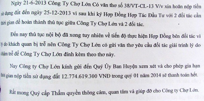 Công văn của Cty Địa ốc Chợ Lớn xin UBND huyện Nhơn Trạch gia hạn nợ tiền sử dụng đất