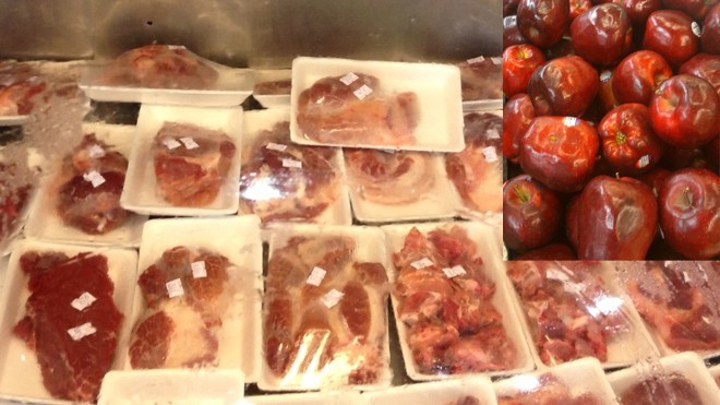 Thịt không nhãn mác bày bán trong siêu thị (ảnh to). Táo dập bày bán tại siêu thị Lotte
