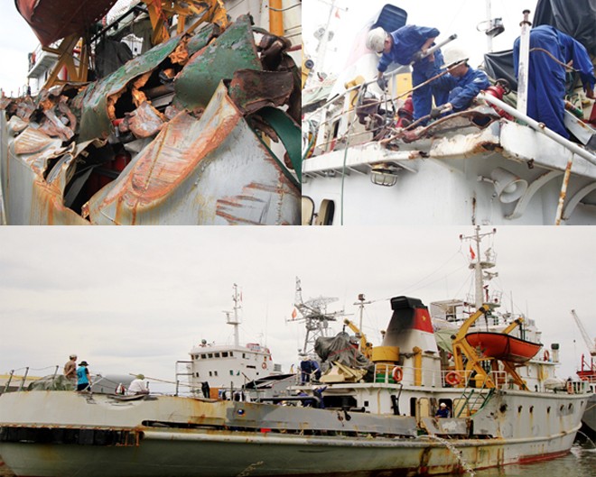 Tàu kiểm ngư 951 cập bờ trị thương (ảnh lớn); Cận cảnh những vết thương chí mạng (ảnh nhỏ). Ảnh: Nguyễn Huy
