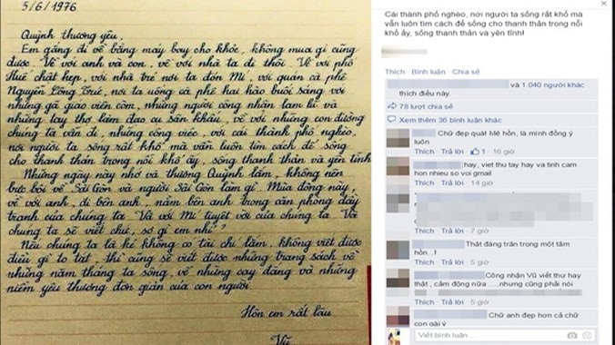 Bức thư tay được cho là của nhà văn Lưu Quang Vũ viết gửi vợ được dân mạng chia sẻ.