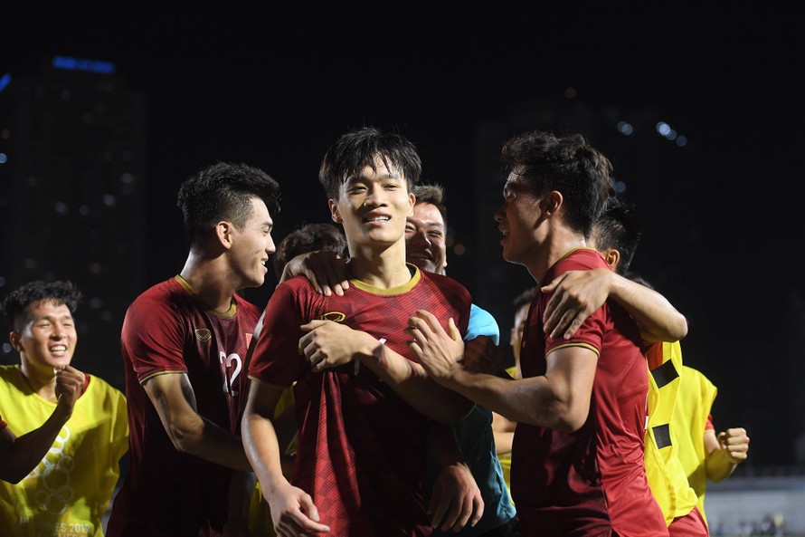 Niềm vui chiến thắng của các cầu thủ U22 Việt Nam. Ảnh: Tuấn Hải
