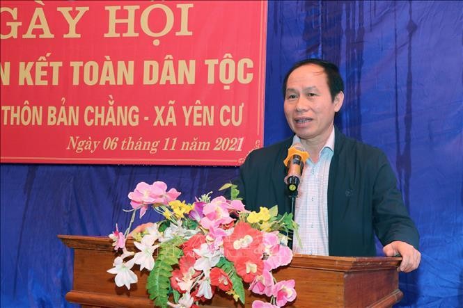 Ông Lê Tiến Châu - Ủy viên Ban Chấp hành Trung ương Đảng, Phó Chủ tịch, Tổng thư ký Ủy ban Trung ương Mặt trận Tổ quốc Việt Nam, phát biểu tại ngày hội. 