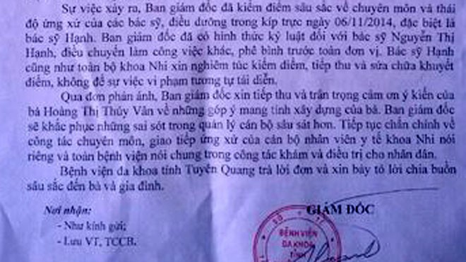 Lãnh đạo Bệnh viện đa khoa tỉnh Tuyên Quang trả lời đơn thư của gia đình cháu Chi