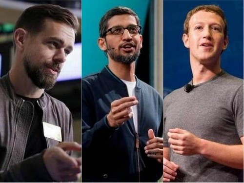 CEO Dorsey của Twitter (bên trái) và Pichai của Google (ở giữa) có thể phải điều trần trước Quốc hội Mỹ sau Zuckerberg (bên phải).