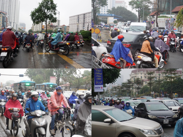 Người Hà Nội đội mưa, chen chúc trên nhiều tuyến phố trong ngày đi làm đầu tiên sau nghỉ Tết