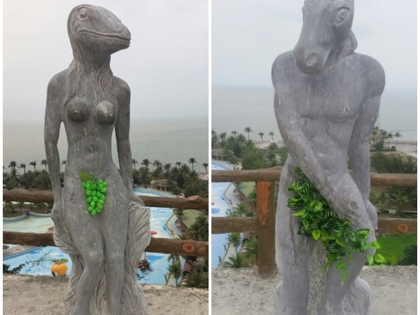 Bị phản đối, tượng 12 con giáp tháo bikini che chắn bằng lá cây