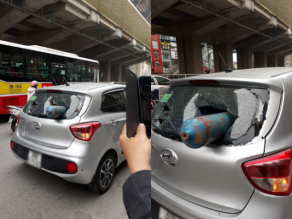 Hà Nội: Bình ga rơi trúng ô tô đang chạy, nhiều người đi đường hoảng sợ