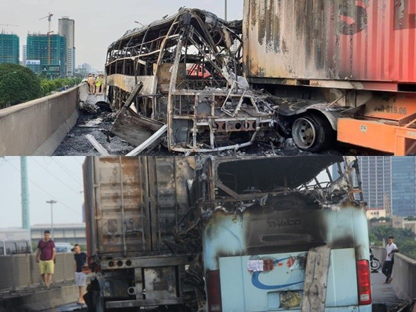 Hà Nội: Hai ô tô bốc cháy ngùn ngụt, một thai phụ tử vong