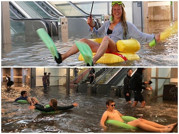 Hài hước nhà ga bị ngập lụt bỗng biến thành... bể bơi công cộng