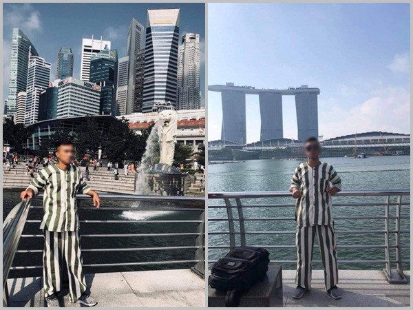 Thanh niên mặc đồ kẻ sọc giống quần áo phạm nhân check-in ở Singapore 