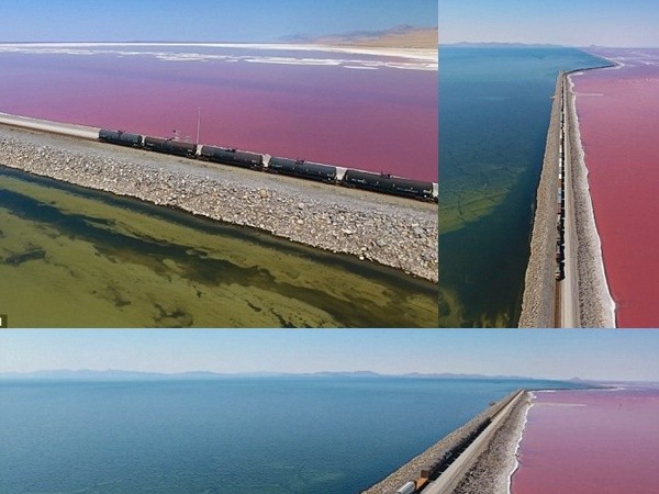 Hồ muối có hai màu xanh - đỏ, được ngăn đôi bởi đường tàu hỏa