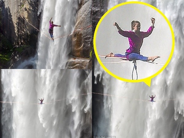Hết hồn nhìn nghệ sĩ yoga biểu diễn trên dây vắt ngang thác nước