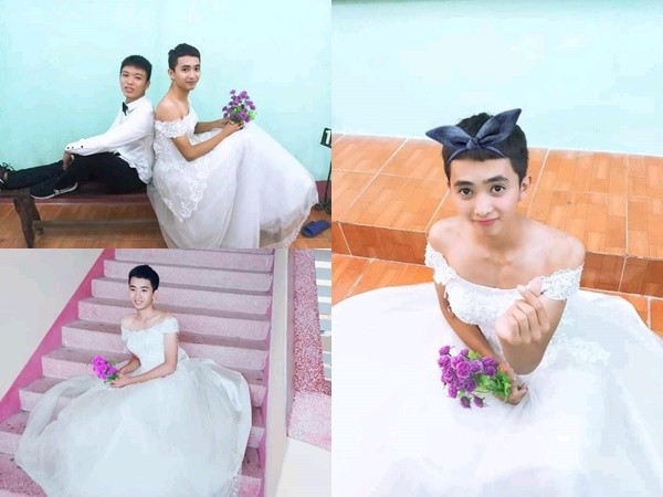 Khi nam sinh "chuẩn men" diện váy cưới chụp ảnh...