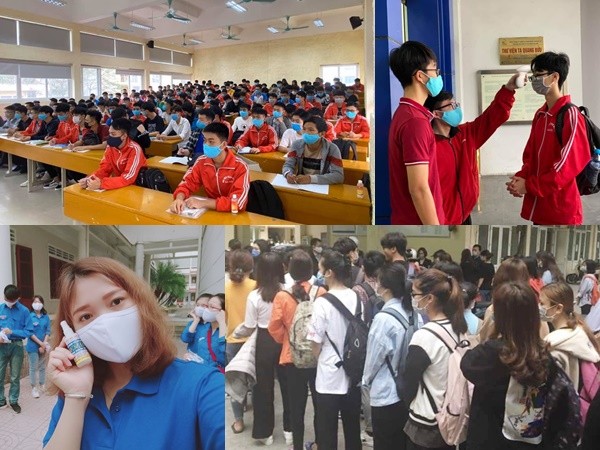 Sinh viên xếp hàng đo thân nhiệt trong ngày đầu trở lại trường